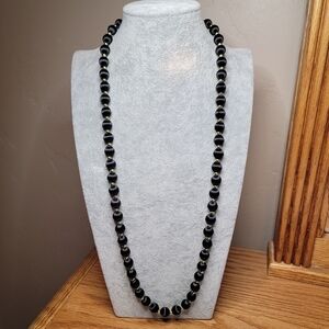 Vintage Black Silk Thread Wrapped Beaded Necklace with Gold-Tone Spacer Beads